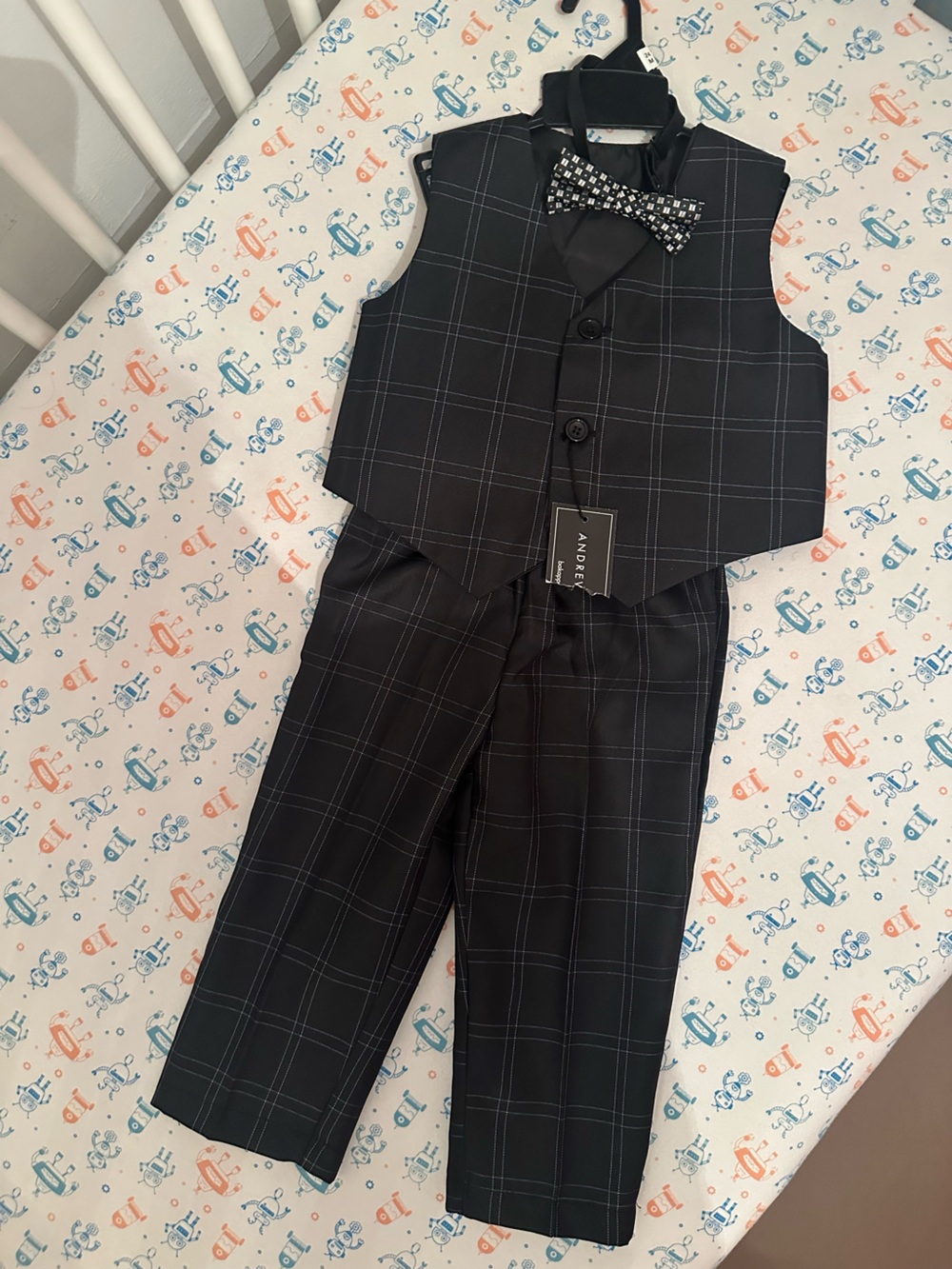 Toddler Boys' Black Windowpane 3 piece suit with Vest, Pants and Bow Tie